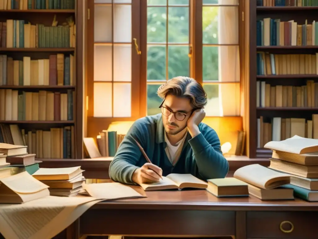 Un poeta reflexivo se sumerge en un libro de símbolos misteriosos, rodeado de libros, luz dorada y naturaleza exuberante