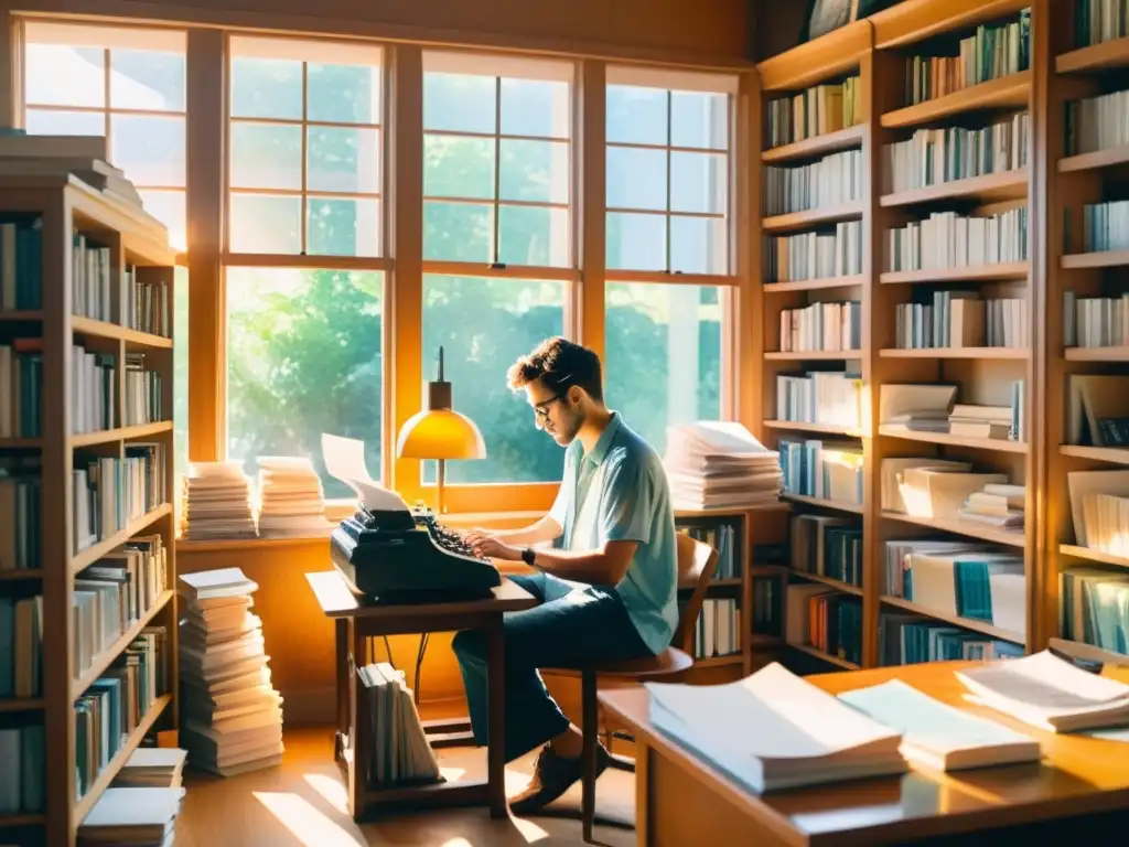 Un poeta reflexivo escribe en su máquina de escribir en una habitación soleada, rodeado de libros y papeles