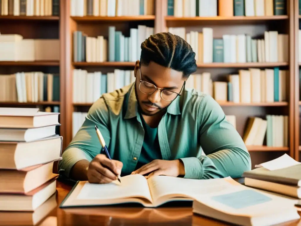 Un poeta reflexivo escribe con una pluma en un estudio rodeado de libros y papeles