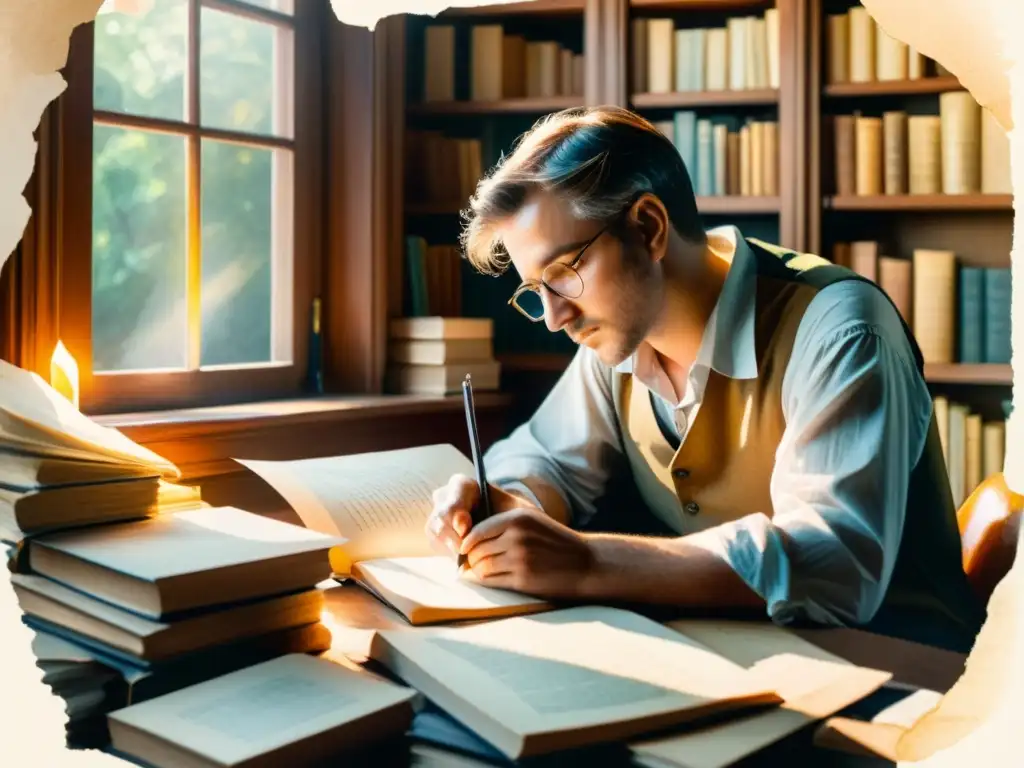 Un poeta reflexivo escribe con una pluma en un hermoso cuadro de acuarela, rodeado de libros y papeles