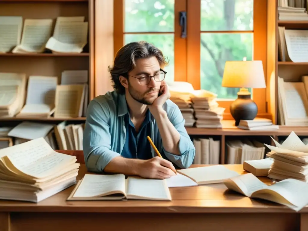 Poeta reflexivo editando poesía en sereno estudio con notas y papel arrugado