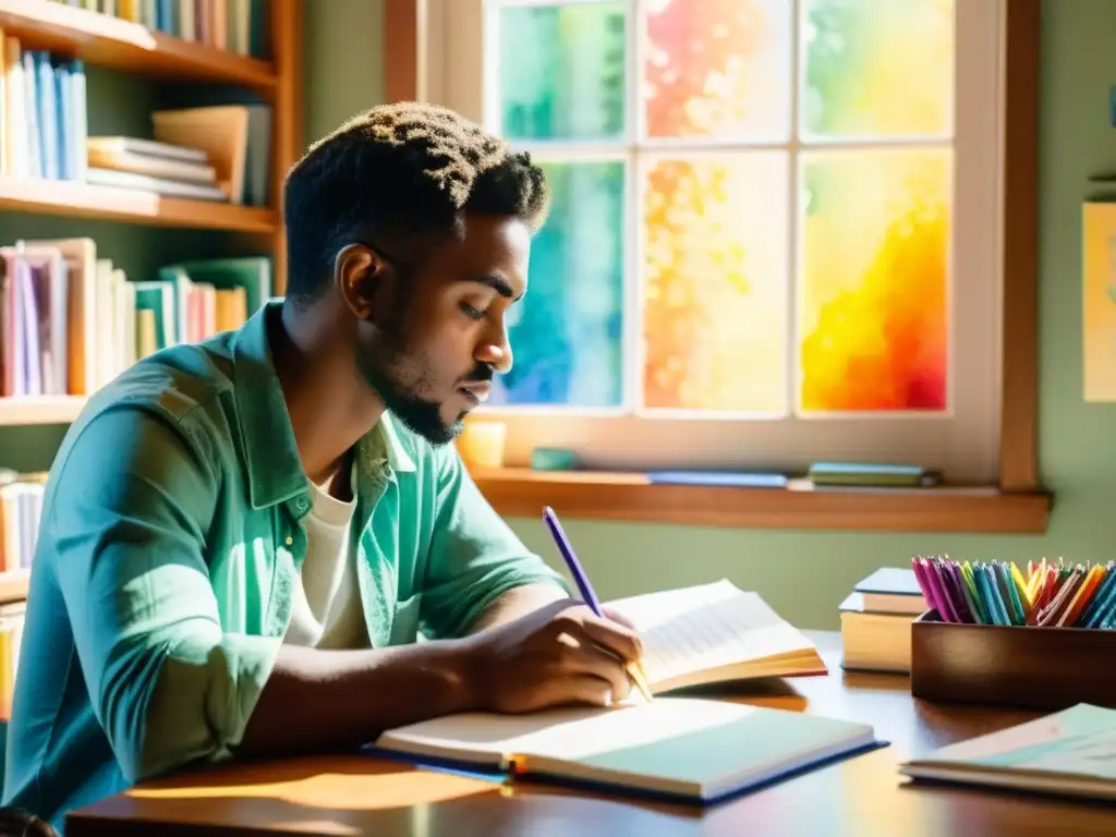 Un poeta reflexivo rodeado de cuadernos coloridos y plumas, con luz solar creando una atmósfera cálida