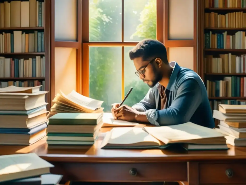 Un poeta reflexivo escribe rodeado de libros y papeles, iluminado por la cálida luz del sol