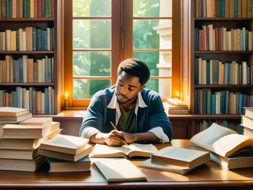 Un poeta reflexivo rodeado de libros y pergaminos, iluminado por la cálida luz del sol