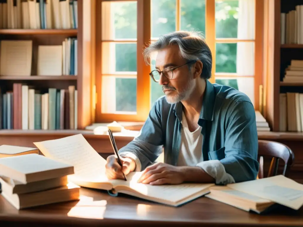 Un poeta reflexivo rodeado de libros y poesía, iluminado por la luz del sol