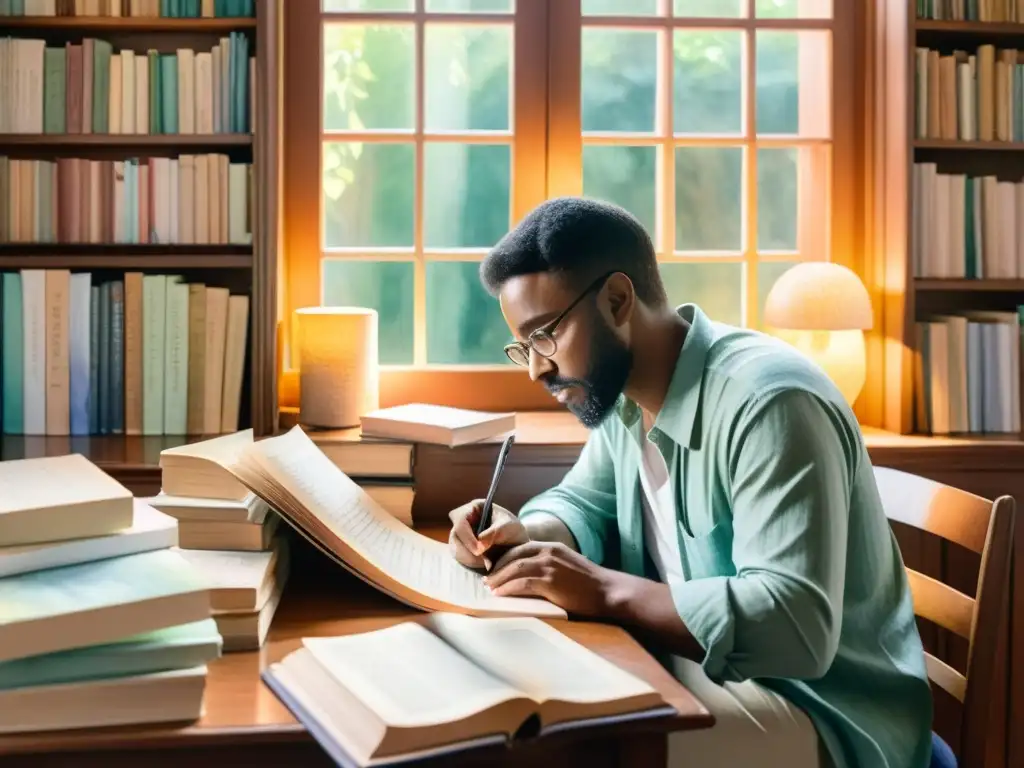 Un poeta reflexivo rodeado de libros de poesía en una acuarela detallada