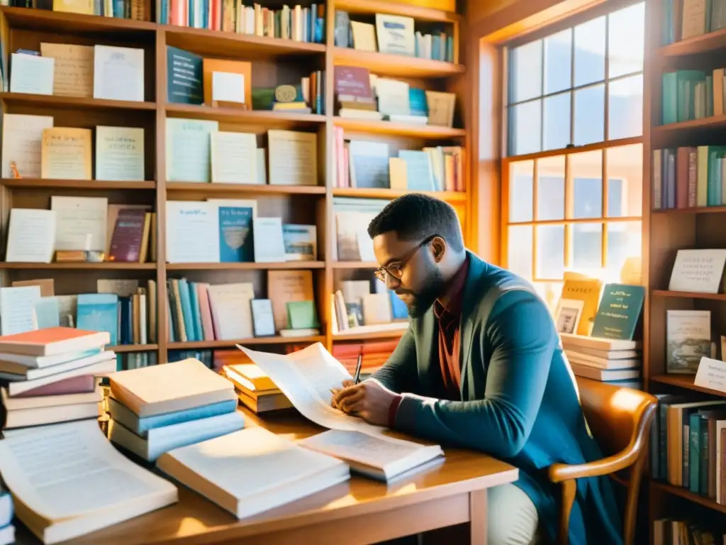 Un poeta reflexivo rodeado de libros, escritos y mercancía poética, iluminado por la luz del sol