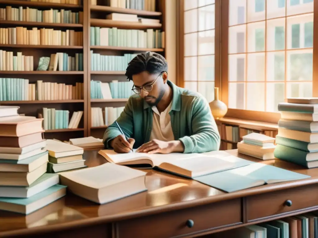 Un poeta reflexivo escribe rodeado de libros en acuarela, creando productos derivados de poesía