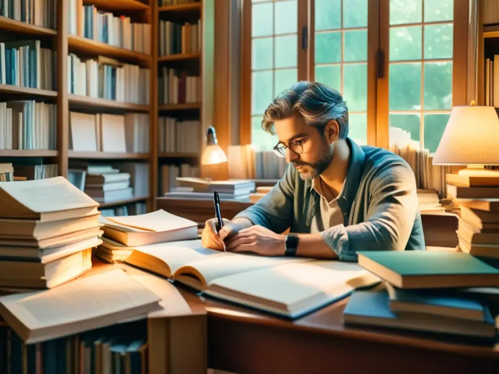 Un poeta reflexivo, rodeado de libros y papeles, se sumerge en la creación de productos derivados de poesía, iluminado por luz suave