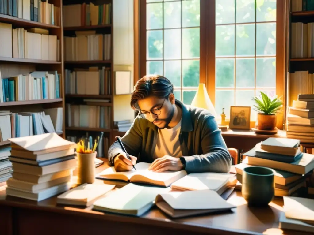 Un poeta reflexivo escribe rodeado de libros y papeles con luz cálida filtrándose por la ventana