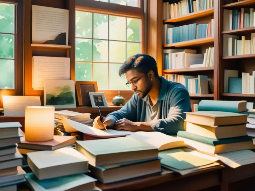 Un poeta reflexivo rodeado de libros y papeles, inspirado por la luz suave