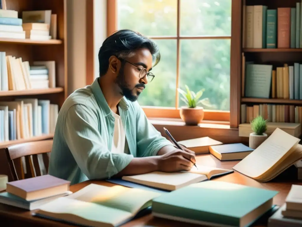 Un poeta reflexivo rodeado de libros y materiales de escritura, inspirado por la luz suave y los colores pastel