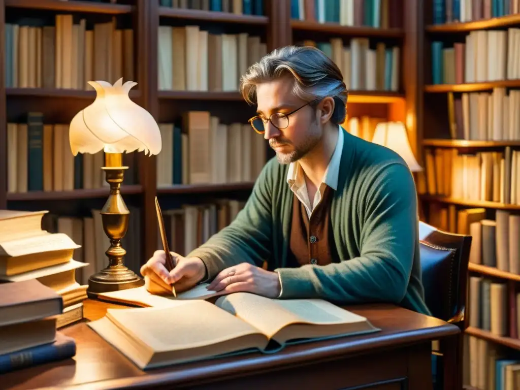 Un poeta reflexivo, rodeado de libros y pergamino, iluminado por luz cálida, con pluma en mano