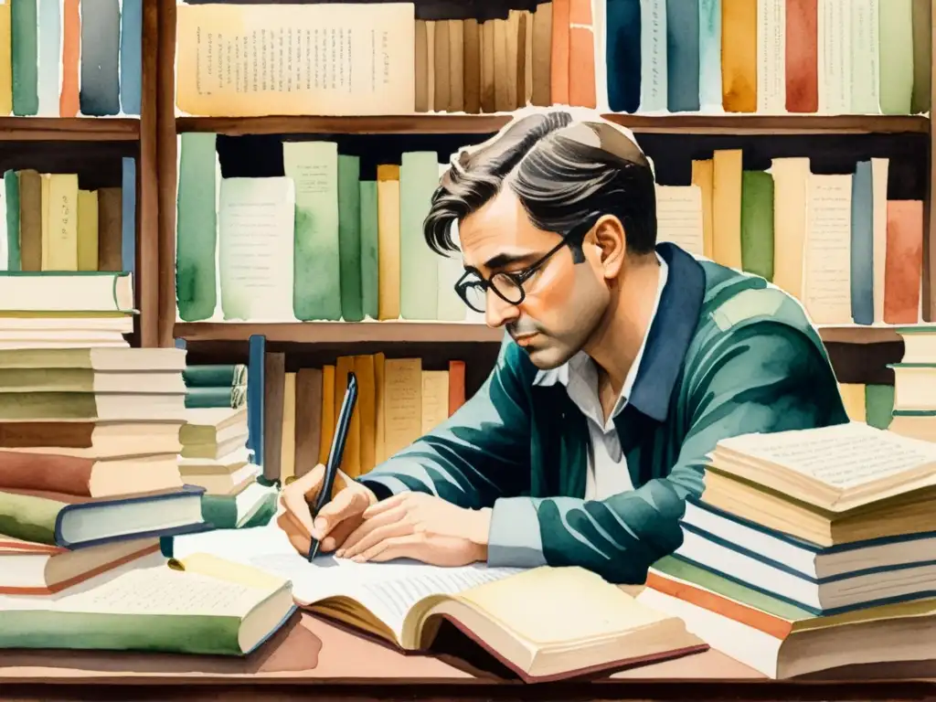 Un poeta reflexivo escribe rodeado de libros y papeles en una pintura acuarela, evocando una atmósfera contemplativa y artística