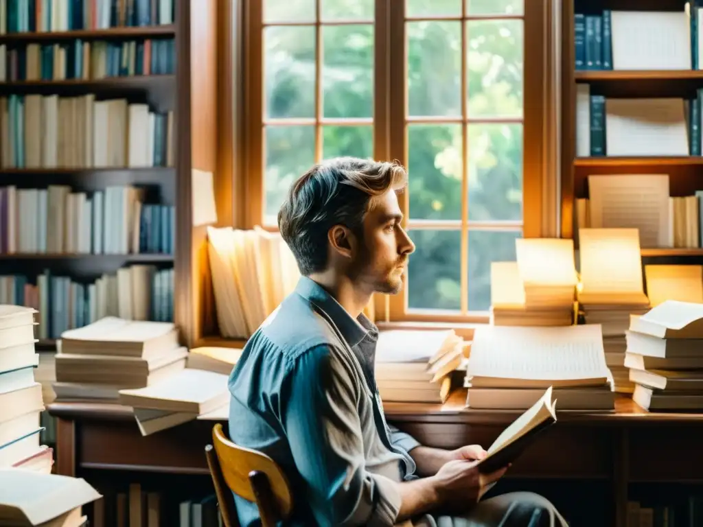 Un poeta reflexivo rodeado de libros y papeles, bañado por luz natural