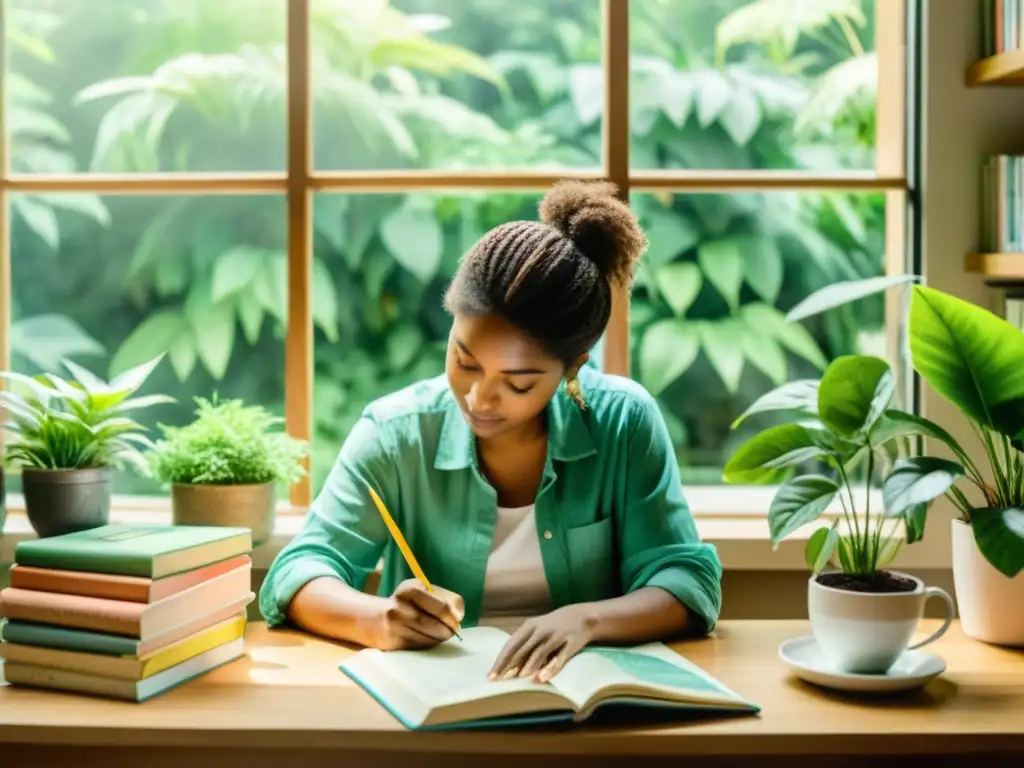 Un poeta reflexivo rodeado de libros coloridos y plantas, encuentra inspiración en un espacio luminoso