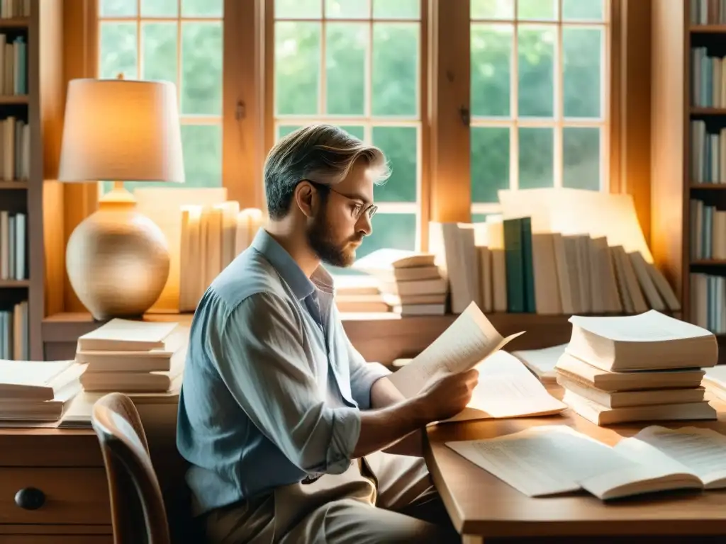 Un poeta reflexivo rodeado de libros y versos escritos a mano, iluminado por una suave luz natural