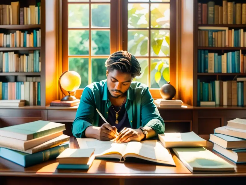 Un poeta reflexivo rodeado de libros y papeles, iluminado por la cálida luz del sol