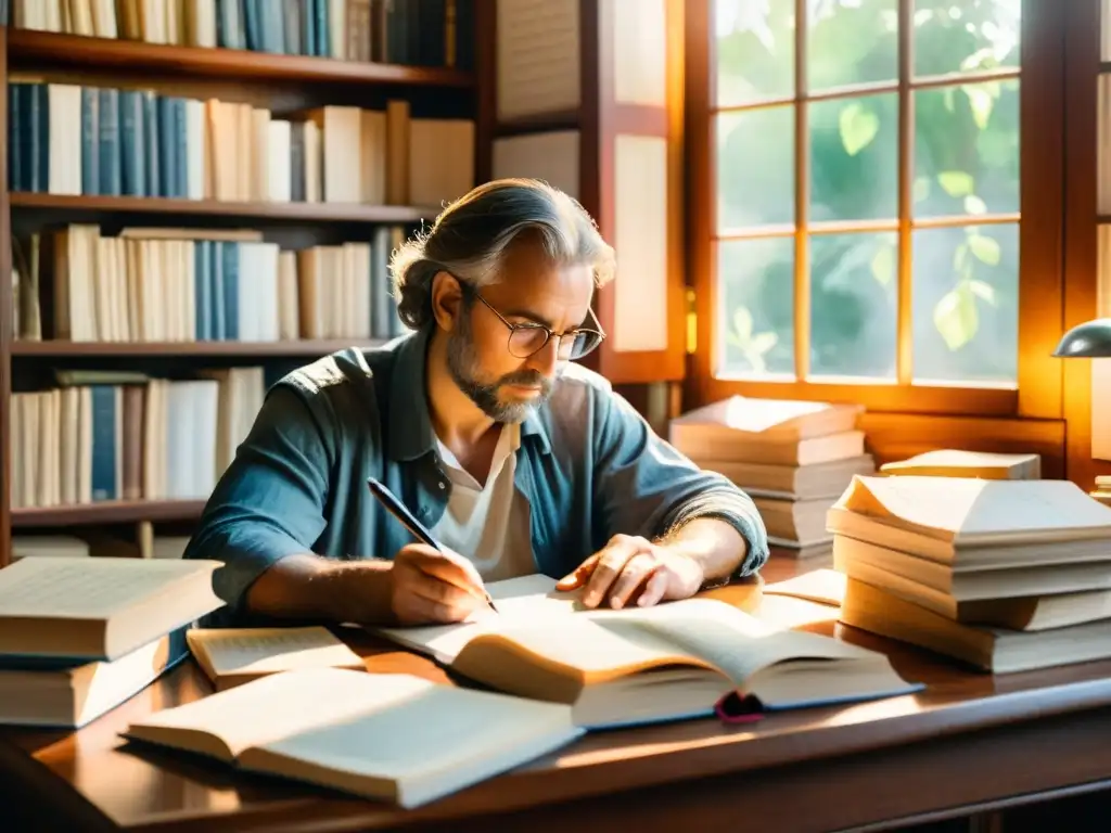 Un poeta reflexivo rodeado de manuscritos y libros, en un cuadro de acuarela