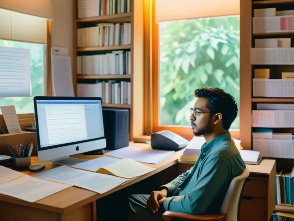 Un poeta reflexivo rodeado de papeles, con una interfaz de software de organización lírica poemas en la pantalla