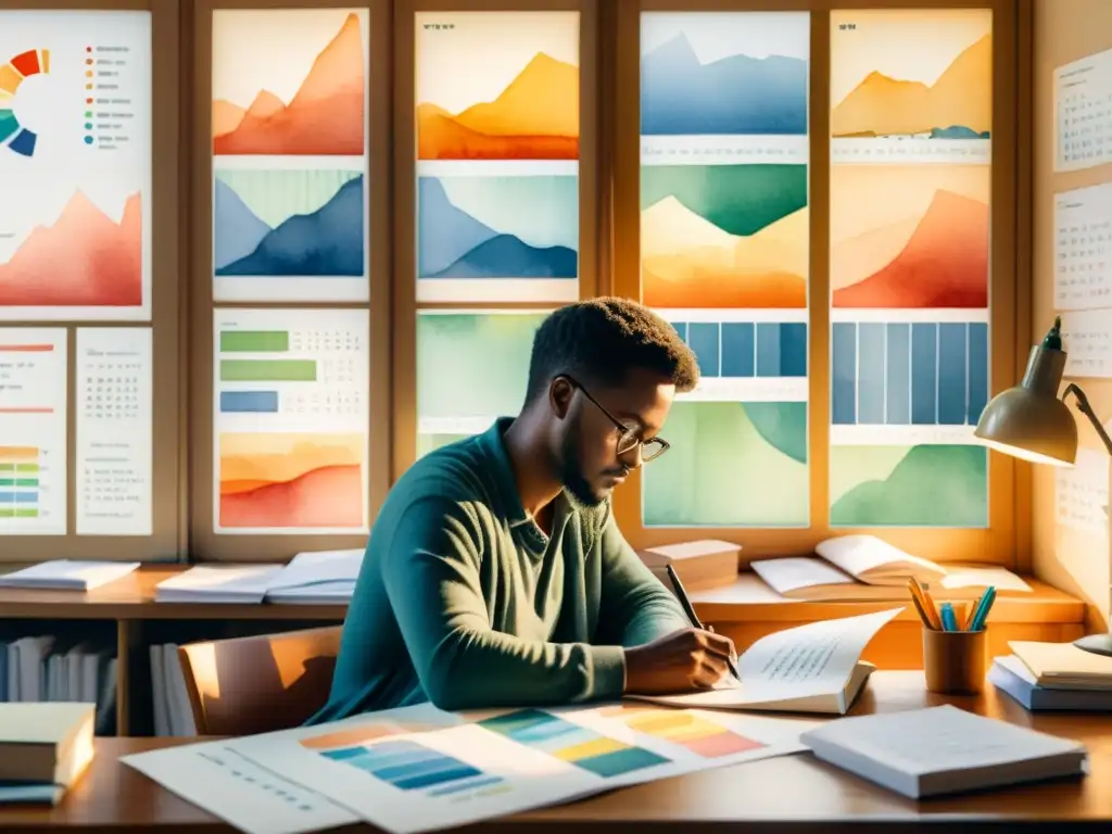 Poeta interpretando gráficos: acuarela detallada Un poeta reflexiona rodeado de gráficos y tablas, convirtiendo datos en versos en un cuadro de acuarela, con luz suave y colores etéreos