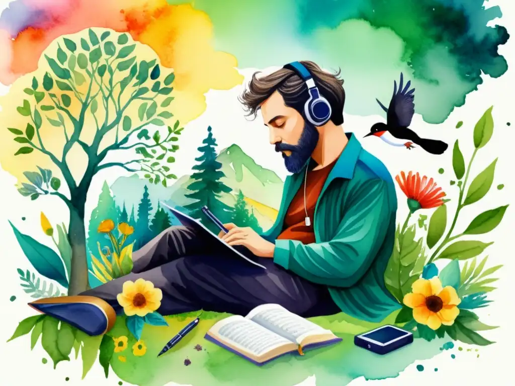 Poeta rodeado de herramientas multimedia y elementos naturales, creando poesía