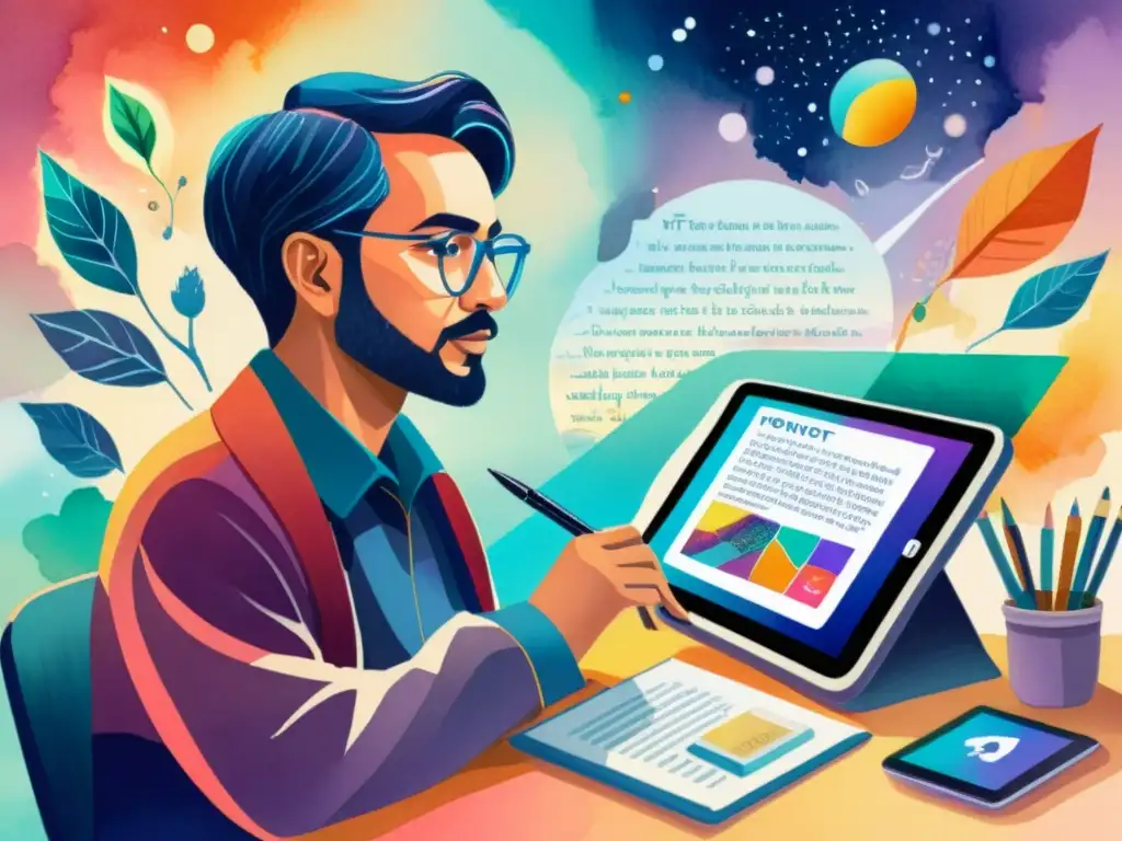 Un poeta rodeado de herramientas tecnológicas para poetas NFT, fusionando poesía y tecnología con colores vibrantes y detalles intrincados