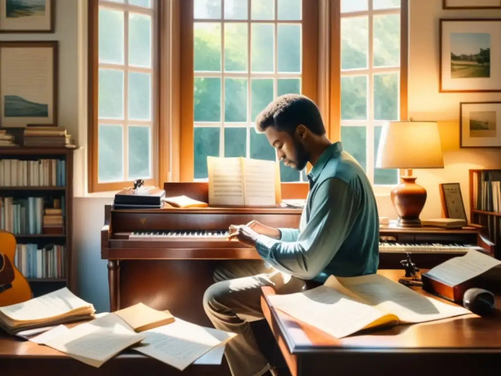 Un poeta rodeado de instrumentos musicales, hojas de papel con versos escritos, y una cálida luz solar