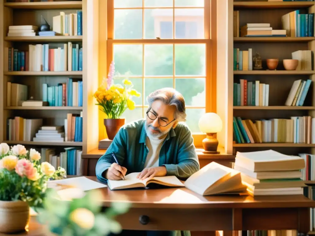 Poeta escribiendo rodeado de libros y luz cálida, inspirado en la protección de derechos autor poesía