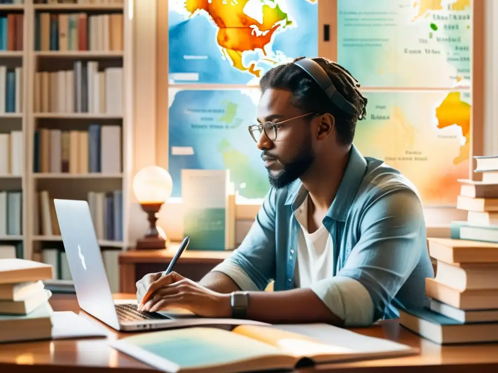 Un poeta escribiendo rodeado de libros y un mapa mundial digital, evocando la globalidad de la poesía en la era digital