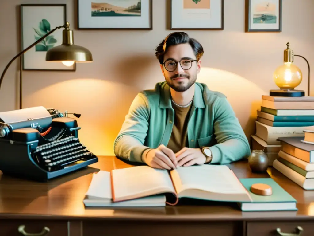 Un poeta rodeado de libros y una máquina de escribir, iluminado por una lámpara