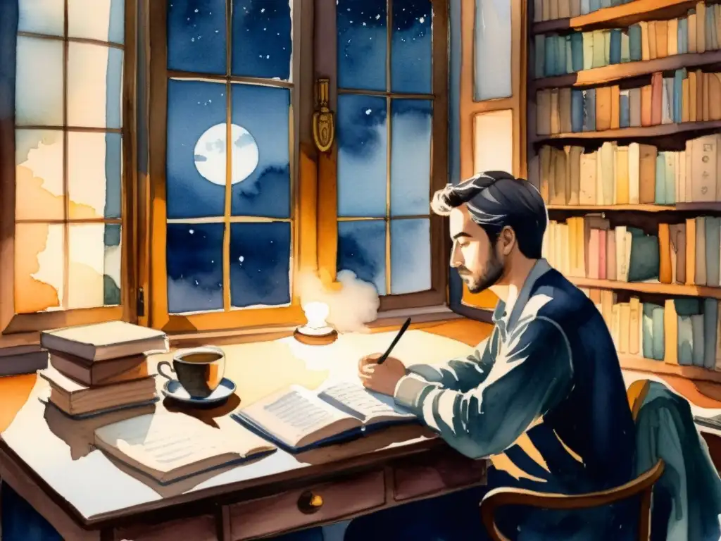 Un poeta sereno escribe con serenidad, rodeado de libros y una taza de té humeante, mirando la noche por la ventana