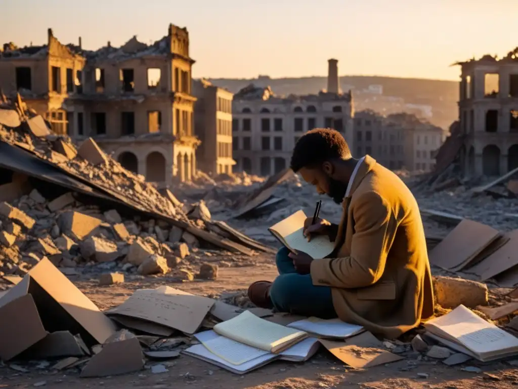 Un poeta solitario escribe en un cuaderno entre escombros al atardecer, encarnando la poesía en tiempos de guerra