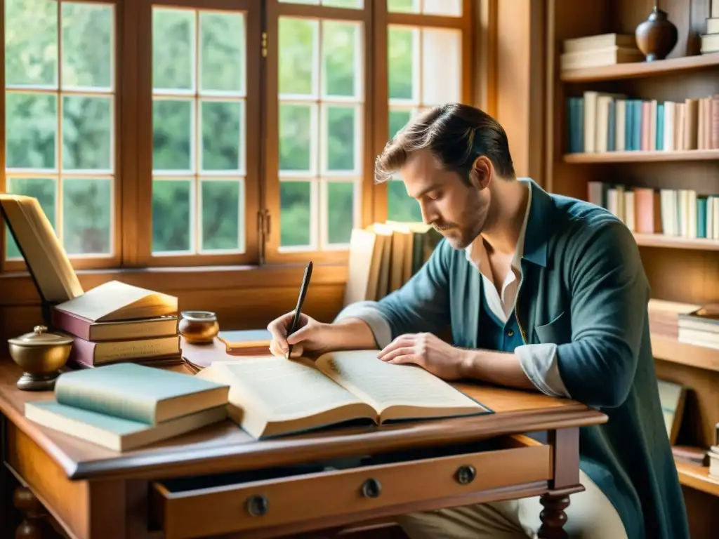 Un poeta crea un soneto clásico en su escritorio, rodeado de libros y herramientas de caligrafía