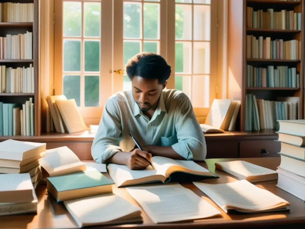 Un poeta crea sonetos clásicos rodeado de libros en una atmósfera introspectiva con luz cálida