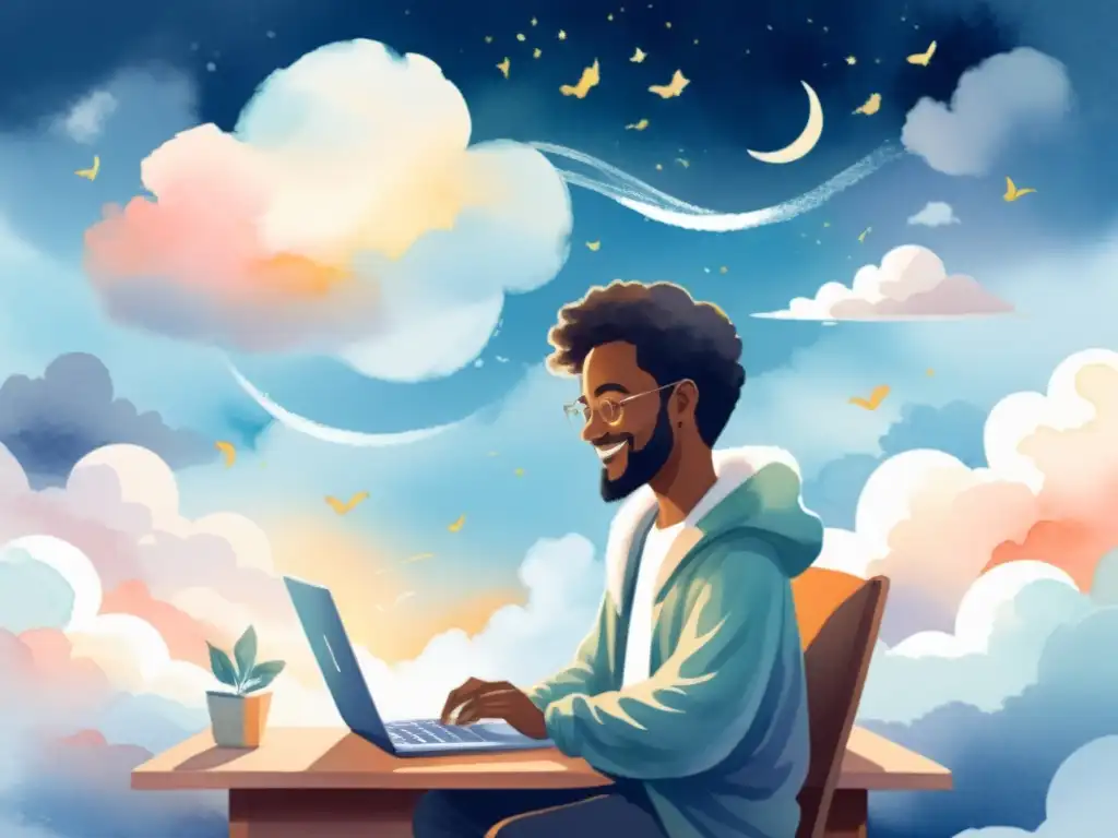 Poeta sonriente escribiendo en laptop rodeado de nubes y poesía, irradiando serenidad y creatividad