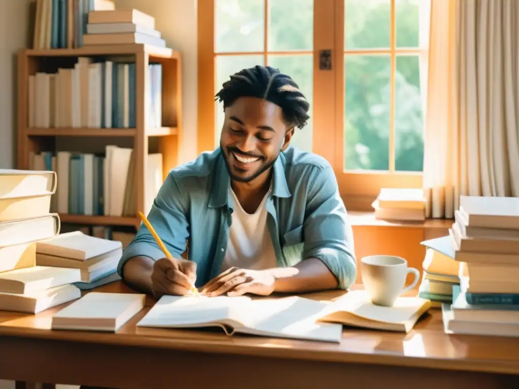 Poeta inspirado en su estudio: ilustración acuarela Un poeta sonriente escribe un poema rodeado de libros y papeles, iluminado por la luz del sol