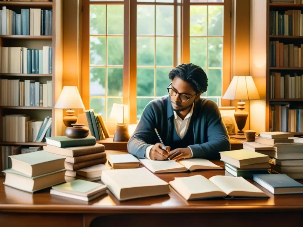 Un poeta sumergido en su arte, rodeado de libros y utensilios de escritura, bajo una cálida luz natural