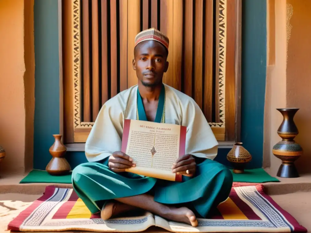 Un poeta Hausa tradicional compone versos en un entorno vibrante de tradición y modernidad, rodeado de tapices y cerámica