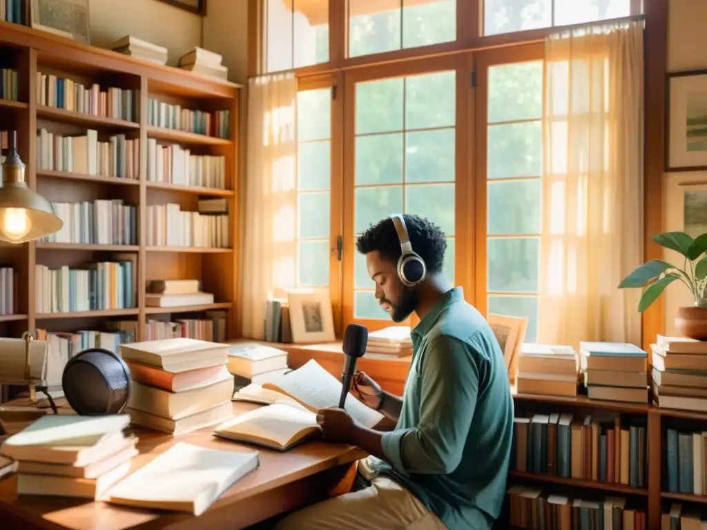 Un poeta tranquilo crea poesía en su acogedora habitación iluminada por el sol, rodeado de libros