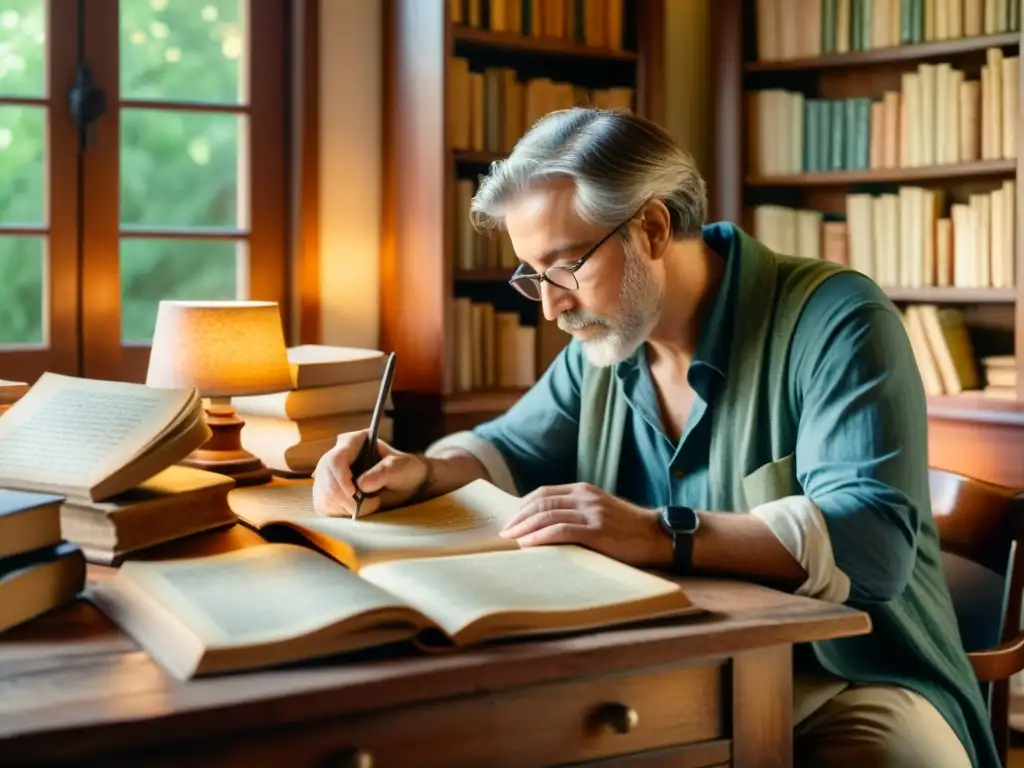 Un poeta selecciona versos para su antología en un ambiente cálido y sereno, rodeado de libros antiguos y papel pergamino