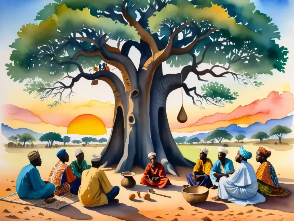 Un poeta Hausa recita versos bajo un baobab al atardecer, en un ambiente tradicional y moderno de poesía y tradición