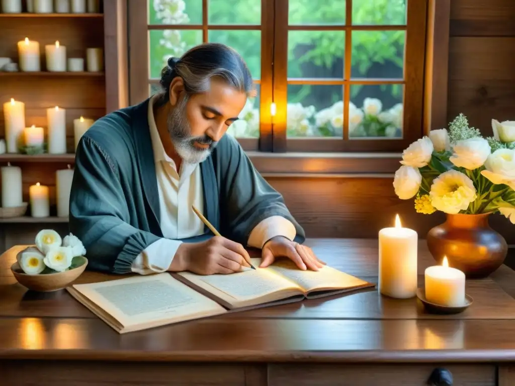 Un poeta crea versos en un entorno sereno, rodeado de flores y velas