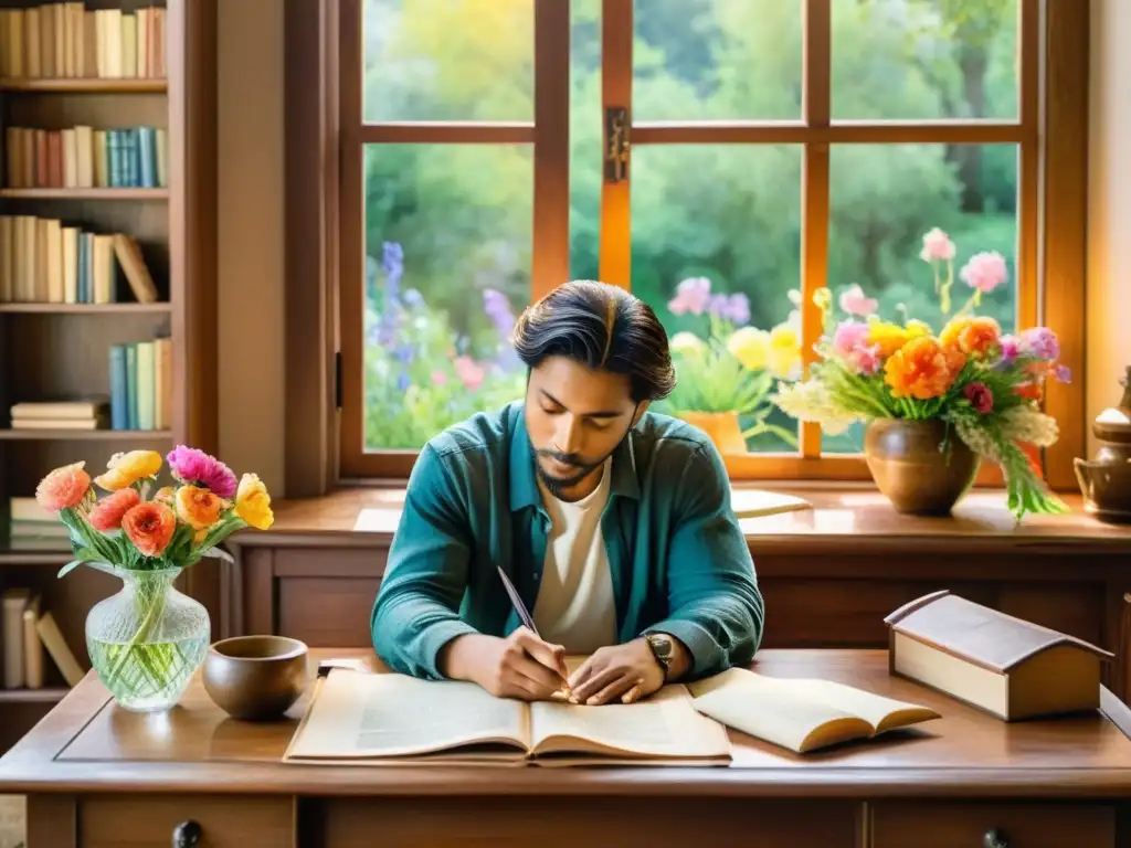 Un poeta crea versos entre flores en acuarela, en un ambiente inspirador