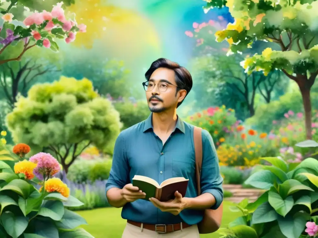 Un poeta lee sus versos en un jardín, donde la poesía se fusiona con la naturaleza en una escena de realidad aumentada