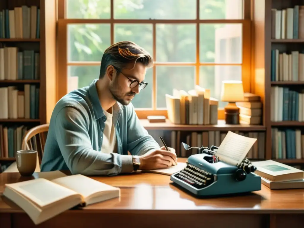 Un poeta crea versos rodeado de libros, una máquina de escribir y café, en una íntima tarde de inspiración