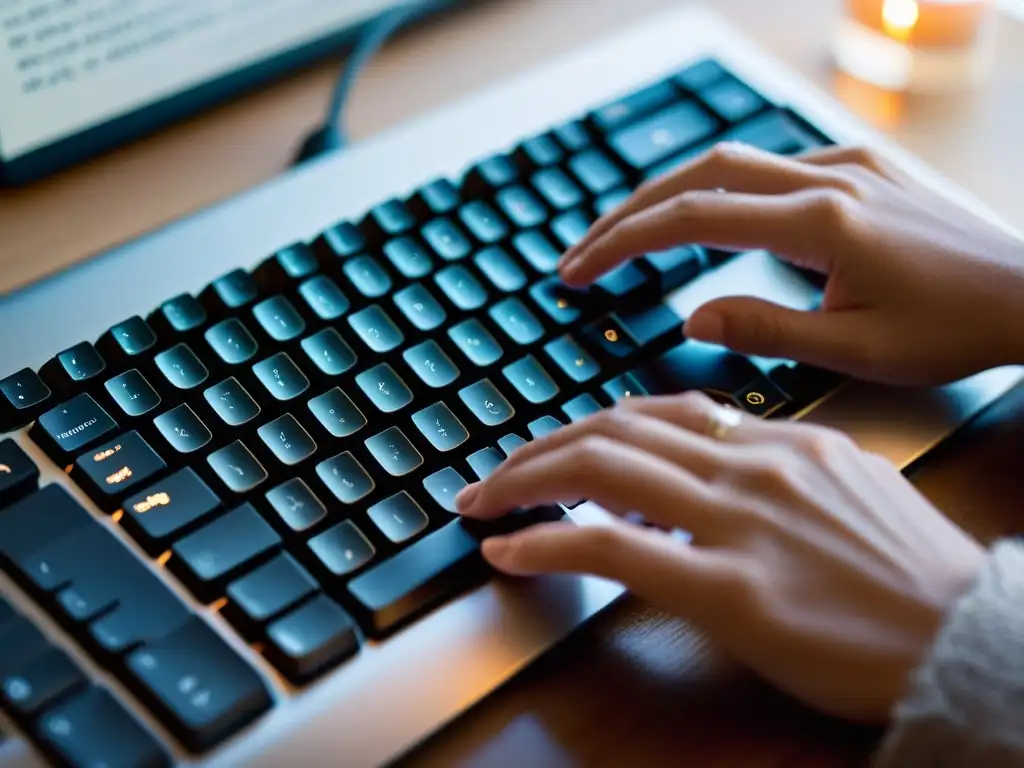 Un poeta escribe versos en un teclado moderno, fusionando la escritura tradicional con la era digital