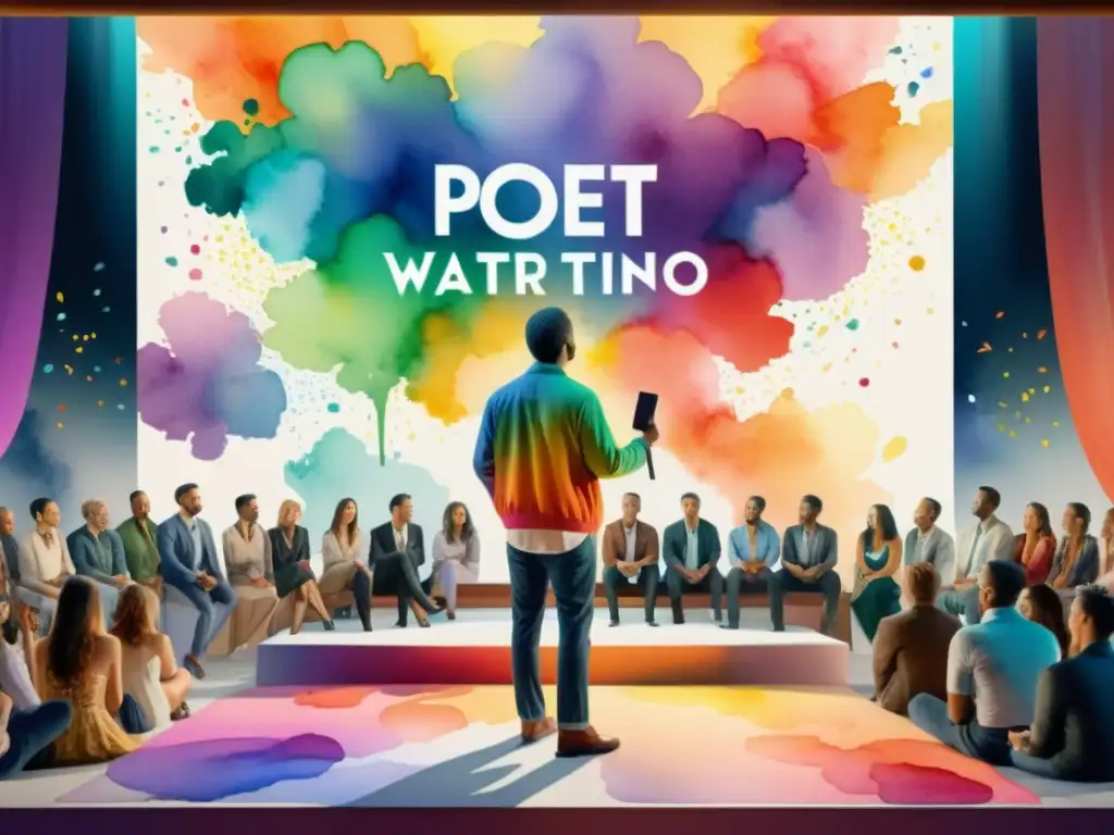 Poeta recitando poesía en vivo en un escenario virtual con una audiencia digital, rodeado de palabras y frases coloridas