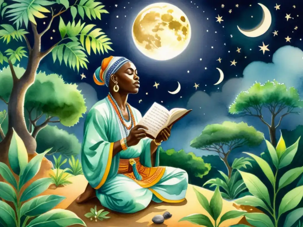 Un poeta Yoruba recita poesía tradicional bajo la luna, rodeado de vegetación exuberante y símbolos tradicionales Yoruba