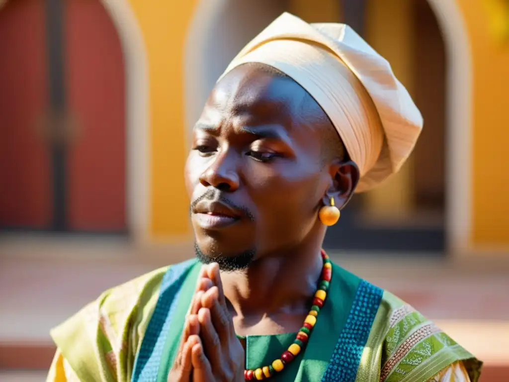 Un poeta Yoruba recita poesía tradicional en un patio vibrante, bañado por el sol